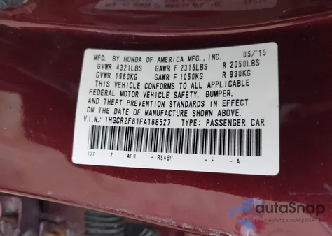 2015 Honda Accord Ex-L from USA, damaged, VIN 1HGCR2F81FA188527